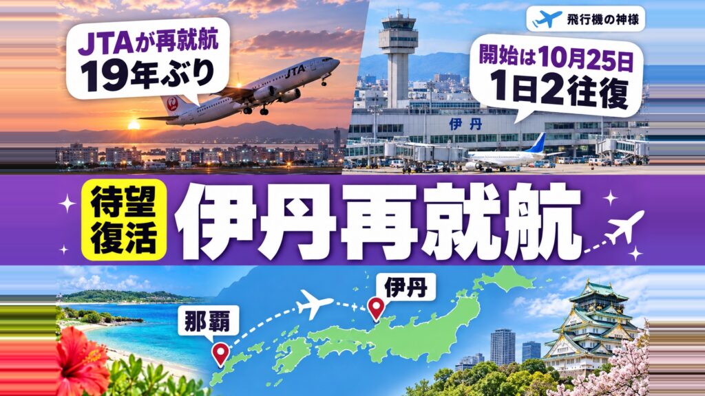 JTA伊丹再就航は19年ぶり！那覇便1日2往復の予約と注意点　図の中の文字: 19年ぶり、開始は10月25日、1日2往復、伊丹、那覇
