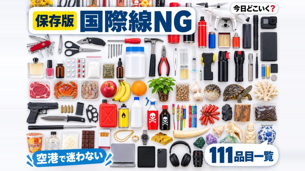 【国際線】飛行機への持ち込みが禁止・制限されているものはどれ？　図の中の文字: 111品目一覧、空港で迷わない