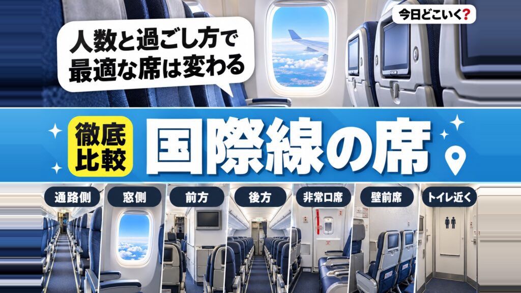 【国際線】飛行機のフライトを快適にするおすすめの座席はどこ？！　図の中の文字: 人数と過ごし方で、最適な席は変わる、通路側、窓側、前方、後方