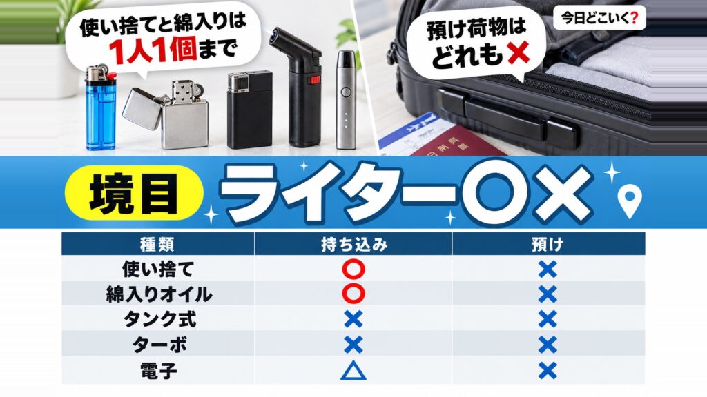 飛行機のライターは5種類で○×が違う！ジッポとターボの境目　図の中の文字: 使い捨てと綿入りは、1人1個まで、預け荷物は、どれも×、使い捨て、綿入りオイル