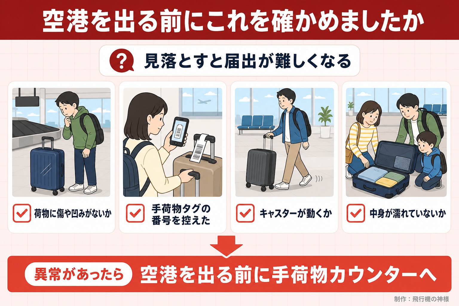 空港を出る前にこれを確かめましたか。見落とすと届出が難しくなる。荷物に傷や凹みがないか。手荷物タグの番号を控えた。キャスターが動くか。中身が濡れていないか。異常があったら。空港を出る前に手荷物カウンターへ。今日どこいく?が作ったイラスト図解(「こんなことしていませんか」のチェック場面)