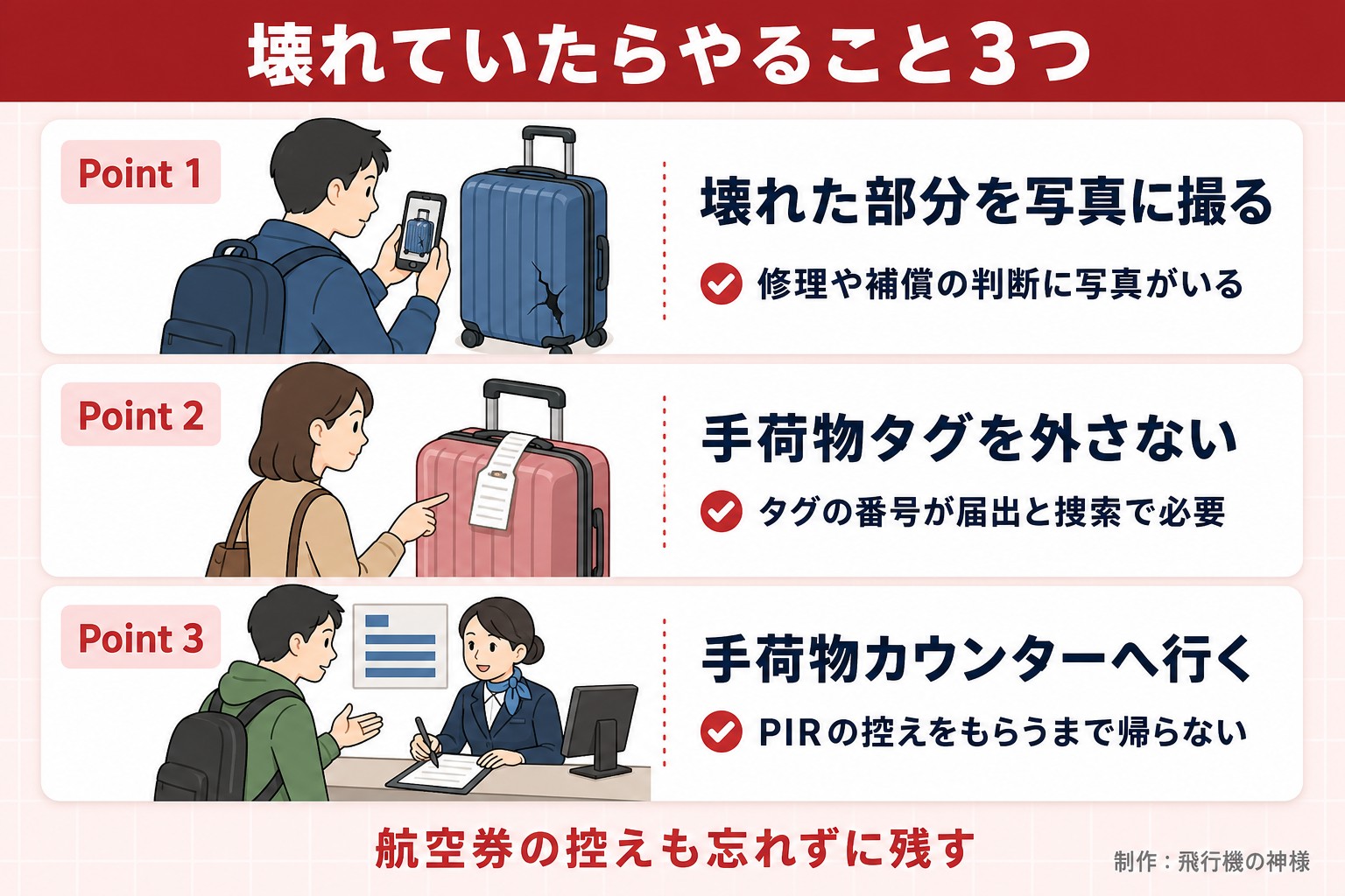壊れていたらやること3つ。Point 1。壊れた部分を写真に撮る。修理や補償の判断に写真がいる。Point 2。手荷物タグを外さない。タグの番号が届出と捜索で必要。Point 3。手荷物カウンターへ行く。PIRの控えをもらうまで帰らない。航空券の控えも忘れずに残す。今日どこいく?が作ったイラスト図解(Point①②③の縦積み(各行に絵))