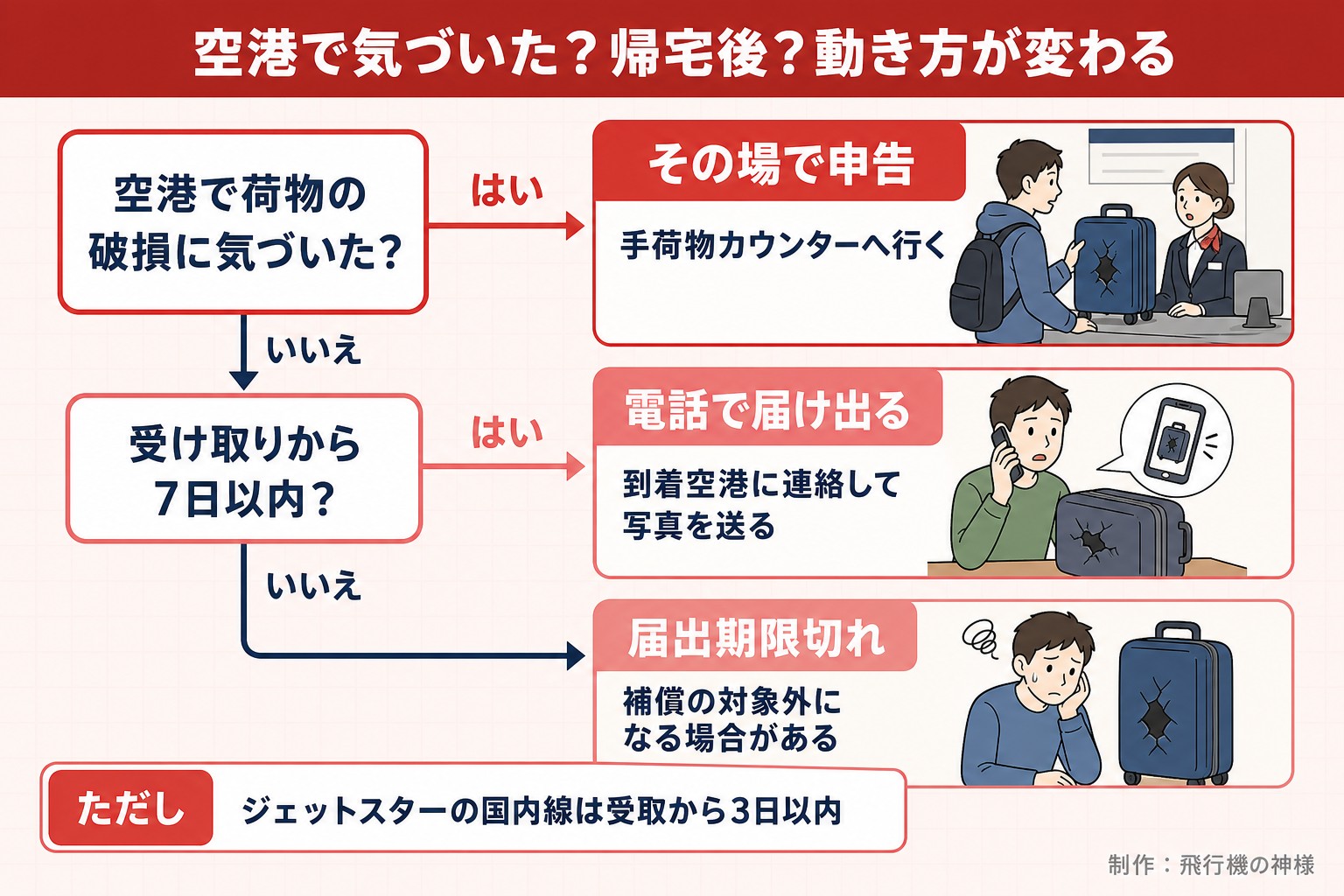 空港で気づいた?帰宅後?動き方が変わる。空港で荷物の破損に気づいた?。受け取りから7日以内?。その場で申告。手荷物カウンターへ行く。電話で届け出る。到着空港に連絡して写真を送る。届出期限切れ。補償の対象外になる場合がある。ただし ジェットスターの国内線は受取から3日以内。今日どこいく?が作ったイラスト図解(はい/いいえの判定)