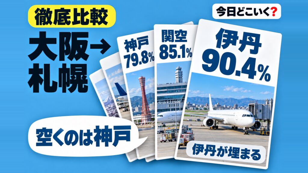 大阪から札幌の飛行機はどこが空く?神戸79.8%で伊丹は90.4% 図の中の文字: 空くのは神戸、伊丹 90.4%、関空 85.1%、神戸 79.8%、伊丹が埋まる