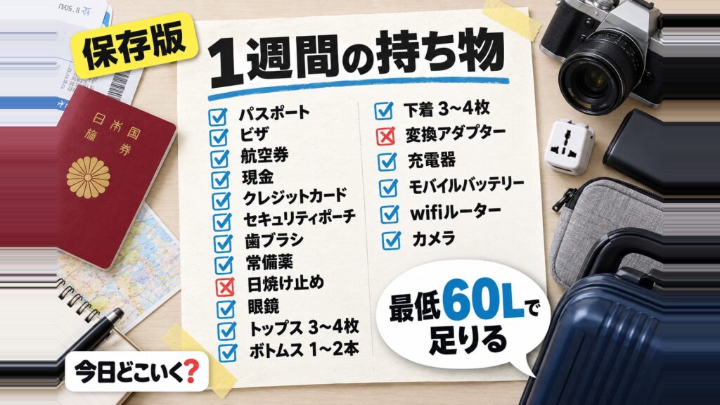 海外旅行で1週間の持ち物は何が必要?チェックリストや持ち物を減らすコツも解説　図の中の文字: 最低60Lで足りる、パスポート、ビザ、航空券、現金、クレジットカード