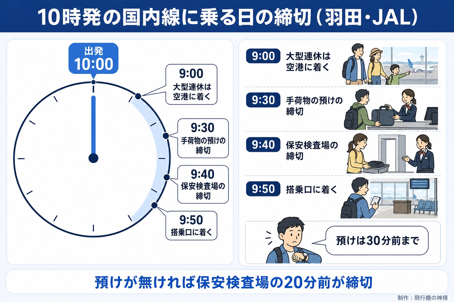 10時発の国内線に乗る日の締切(羽田・JAL)。出発 10:00。9:00。大型連休は空港に着く。9:30。手荷物の預けの締切。9:40。保安検査場の締切。9:50。搭乗口に着く。預けは30分前まで。預けが無ければ保安検査場の20分前が締切。飛行機の神様が作ったイラスト図解(当日の時間の輪)