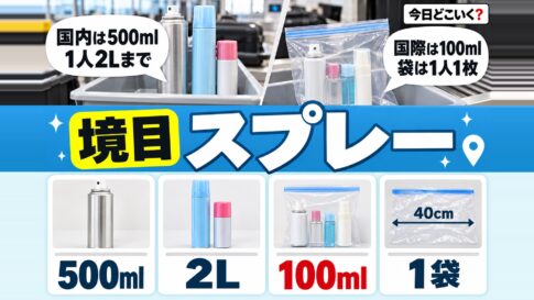【国内線・国際線】飛行機にスプレーは持ち込める？可能な種類とは　図の中の文字: 国内は500ml、1人2Lまで、国際は100ml、袋は1人1枚、500ml、2L