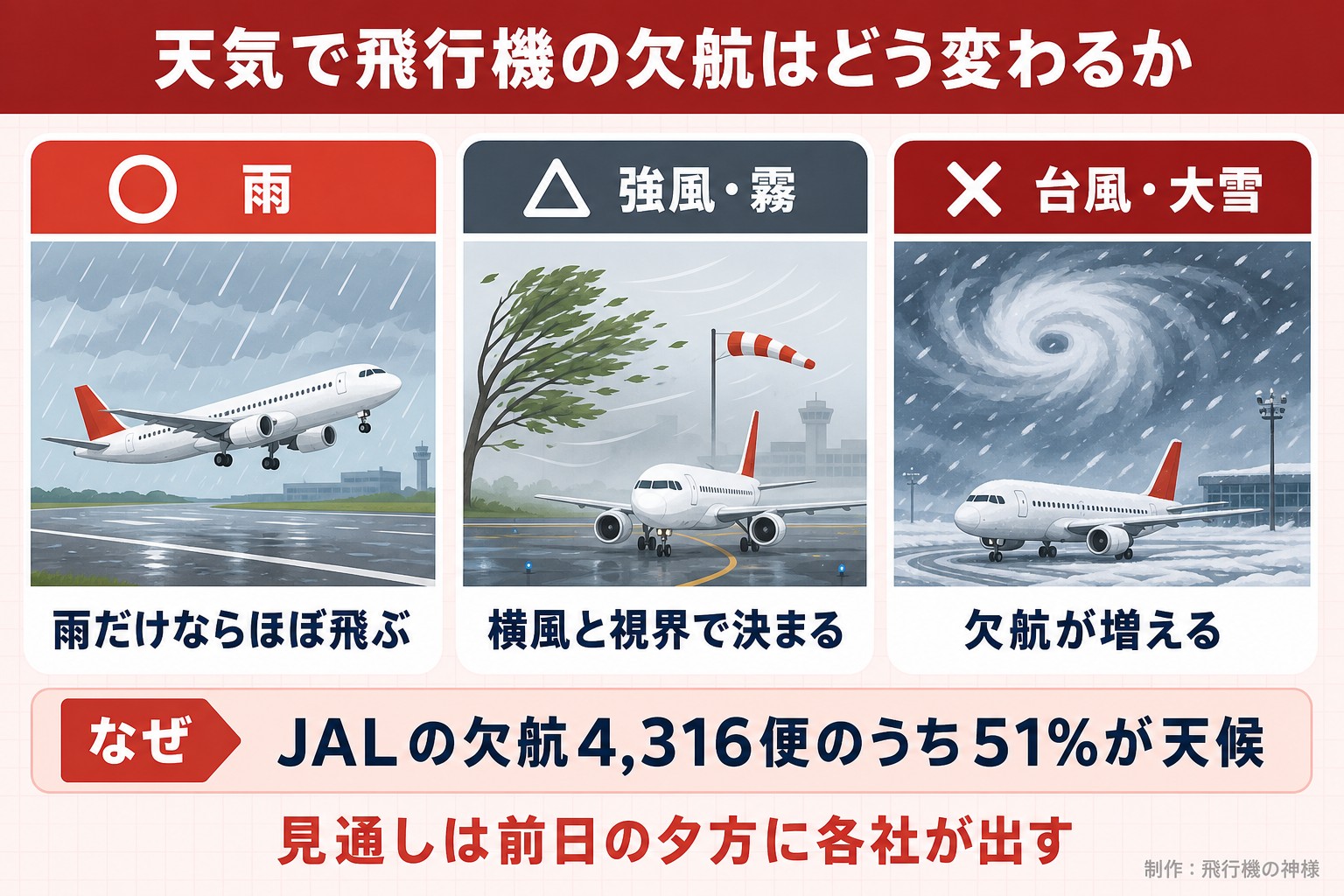 天気で飛行機の欠航はどう変わるか。雨。雨だけならほぼ飛ぶ。強風・霧。横風と視界で決まる。台風・大雪。欠航が増える。JALの欠航4,316便のうち51%が天候。見通しは前日の夕方に各社が出す。今日どこいく?が作ったイラスト図解(天候と欠航の場面くらべ)