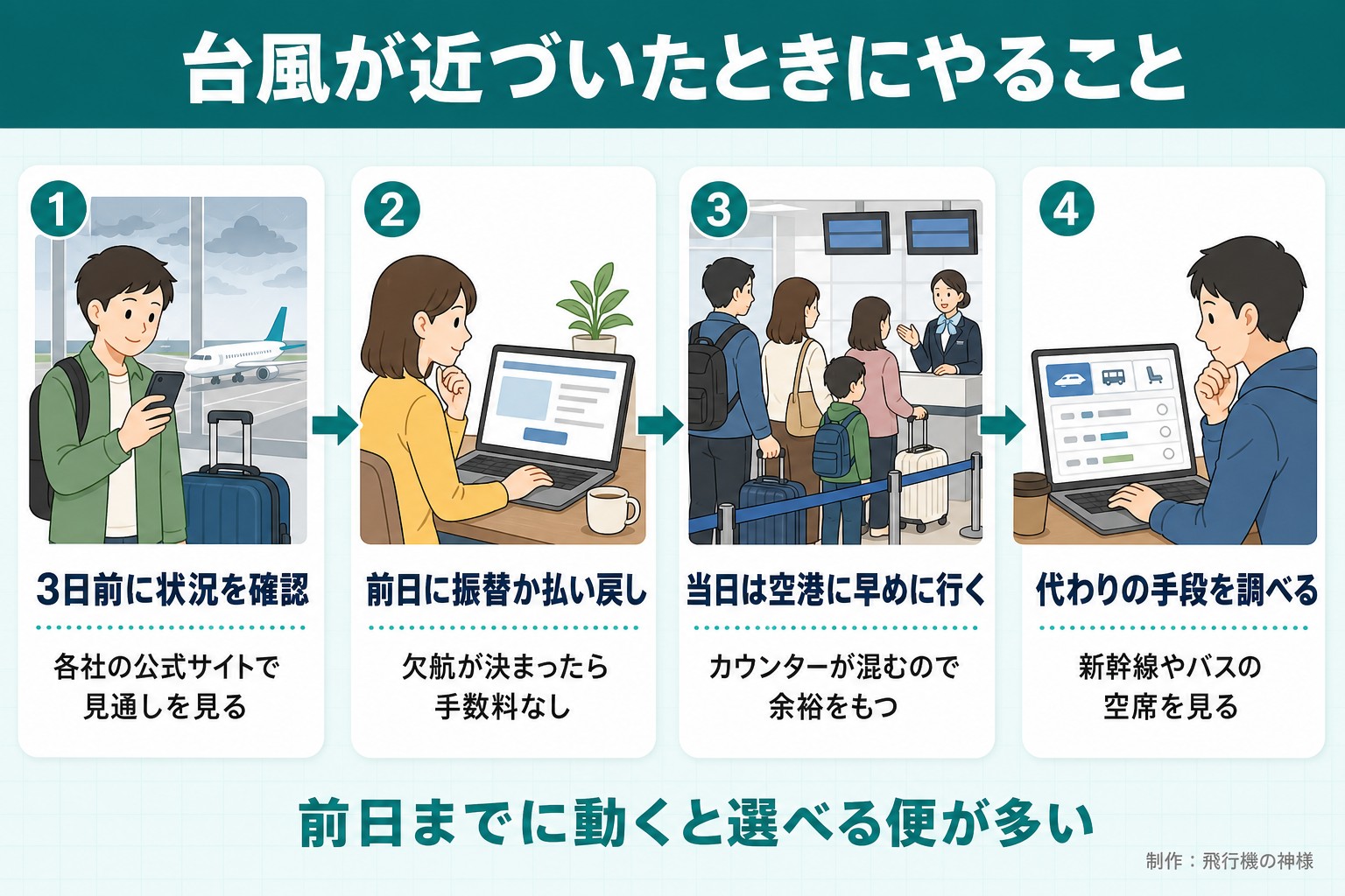 台風が近づいたときにやること。3日前に状況を確認。各社の公式サイトで見通しを見る。前日に振替か払い戻し。欠航が決まったら手数料なし。当日は空港に早めに行く。カウンターが混むので余裕をもつ。代わりの手段を調べる。新幹線やバスの空席を見る。前日までに動くと選べる便が多い。今日どこいく?が作ったイラスト図解(横並びの手順コマ)