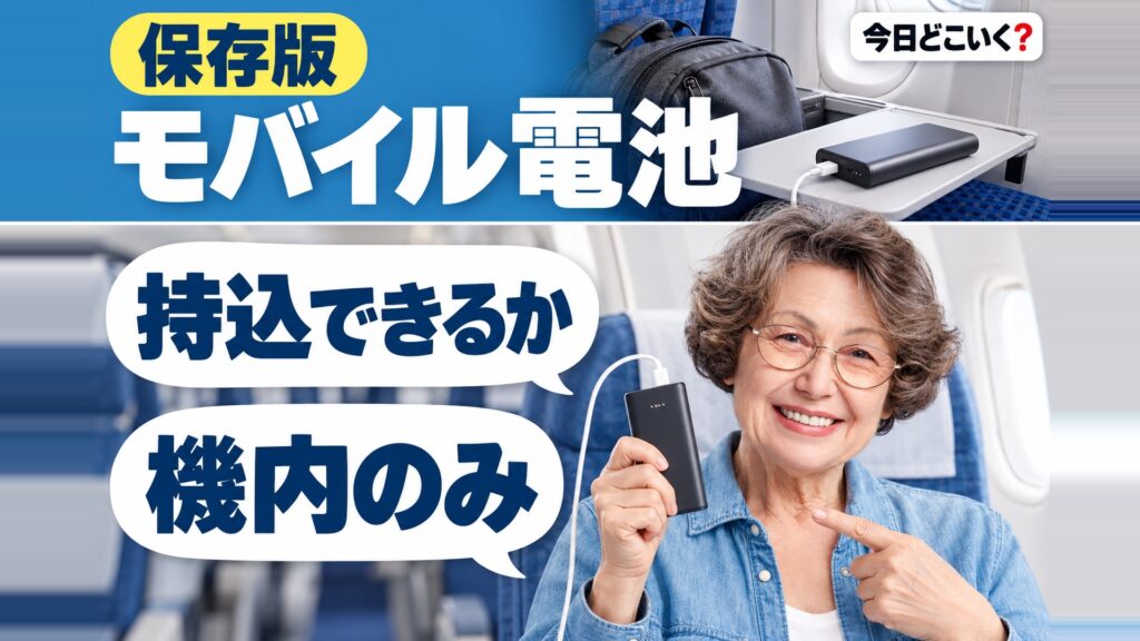 飛行機の手荷物でモバイルバッテリーは持ち込める?制限はある? 図の中の文字: 持込できるか、機内のみ
