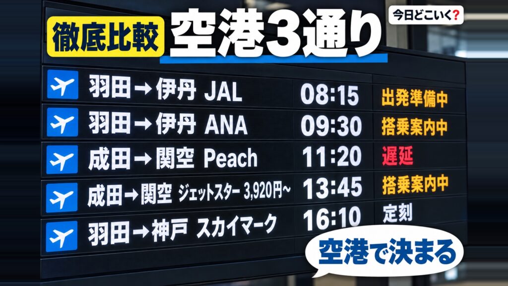 東京から大阪へ飛ぶ5社を比べた！空港3通りで料金が変わる　図の中の文字: 空港で決まる、羽田→伊丹 JAL、羽田→伊丹 ANA、成田→関空 Peach、成田→関空 ジェットスター 3,920円〜、羽田→神戸 スカイマーク