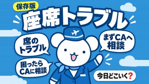 飛行機の座席関係のトラブルって？よくある事例と対処法！　図の中の文字: 席のトラブル、まずCAへ相談、困ったらCAに相談