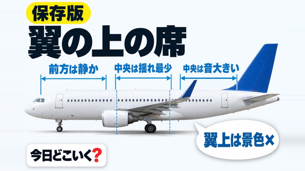 飛行機からの景色を楽しむならどこの座席？場所別に特徴をご紹介　図の中の文字: 翼上は景色×、前方は静か、中央は揺れ最少、中央は音大きい