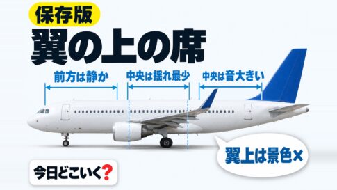 飛行機からの景色を楽しむならどこの座席？場所別に特徴をご紹介　図の中の文字: 翼上は景色×、前方は静か、中央は揺れ最少、中央は音大きい