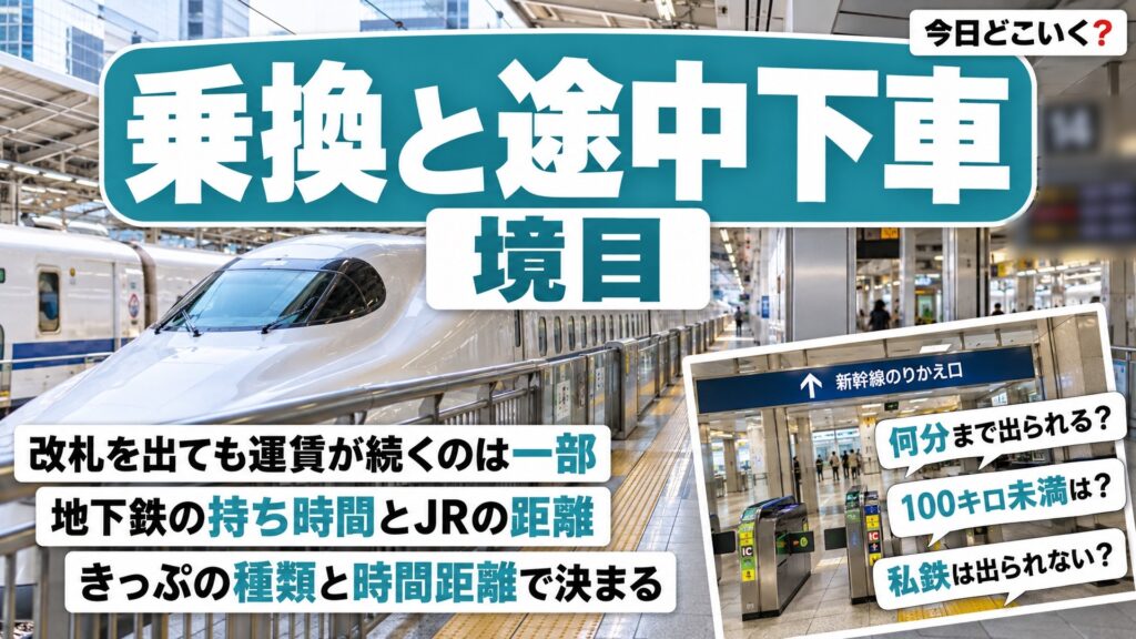 乗り換えで改札を出たら払い直し？東京メトロ60分と途中下車の境目　図の中の文字: 改札を出ても運賃が続くのは一部、地下鉄の持ち時間とJRの距離、きっぷの種類と時間距離で決まる、何分まで出られる？、100キロ未満は？、私鉄は出られない？