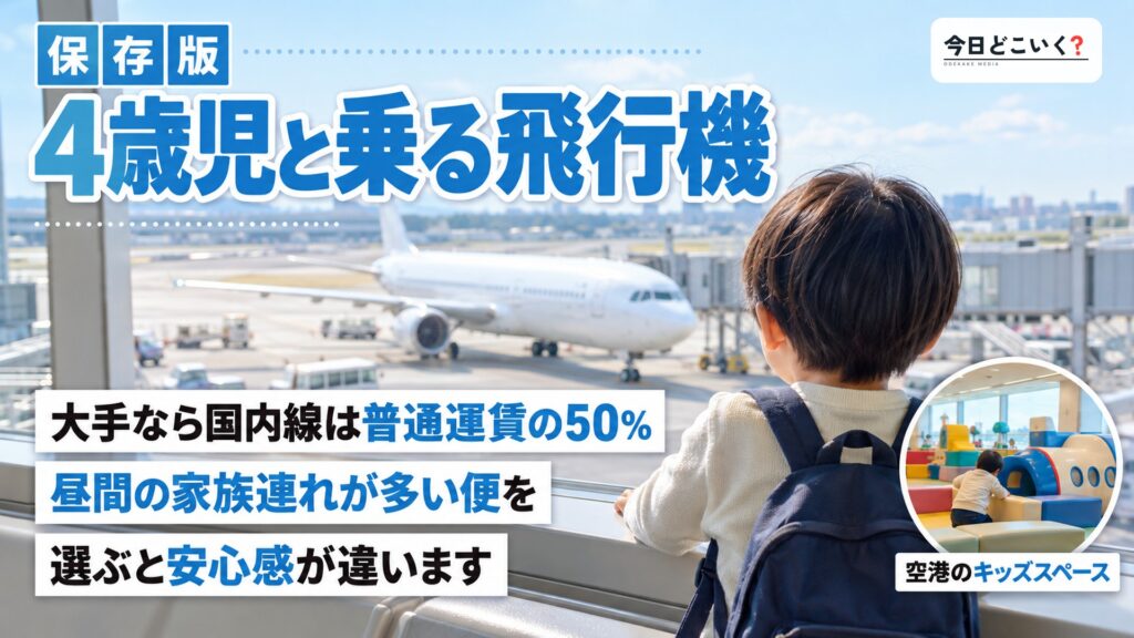 ４歳児と楽しい飛行機の旅へ！４歳の壁から機内での過ごし方まで　図の中の文字: 4歳児と乗る飛行機、大手なら国内線は普通運賃の50%、昼間の家族連れが多い便を、選ぶと安心感が違います