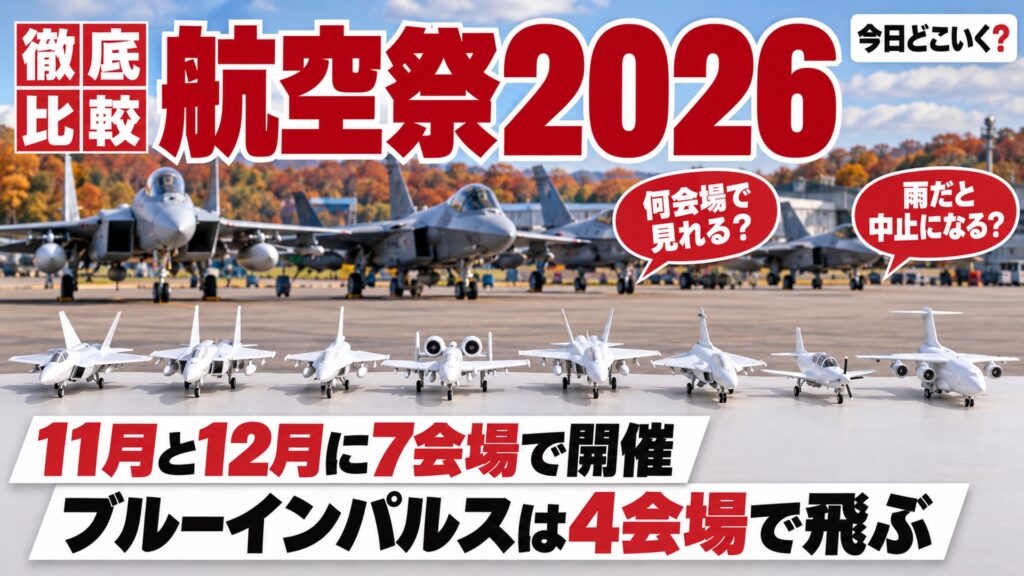 航空祭2026の日程は11月と12月に7会場!ブルーインパルスと雨の日 図の中の文字: 何会場で見れる?、雨だと中止になる?、11月と12月に7会場で開催、ブルーインパルスは4会場で飛ぶ