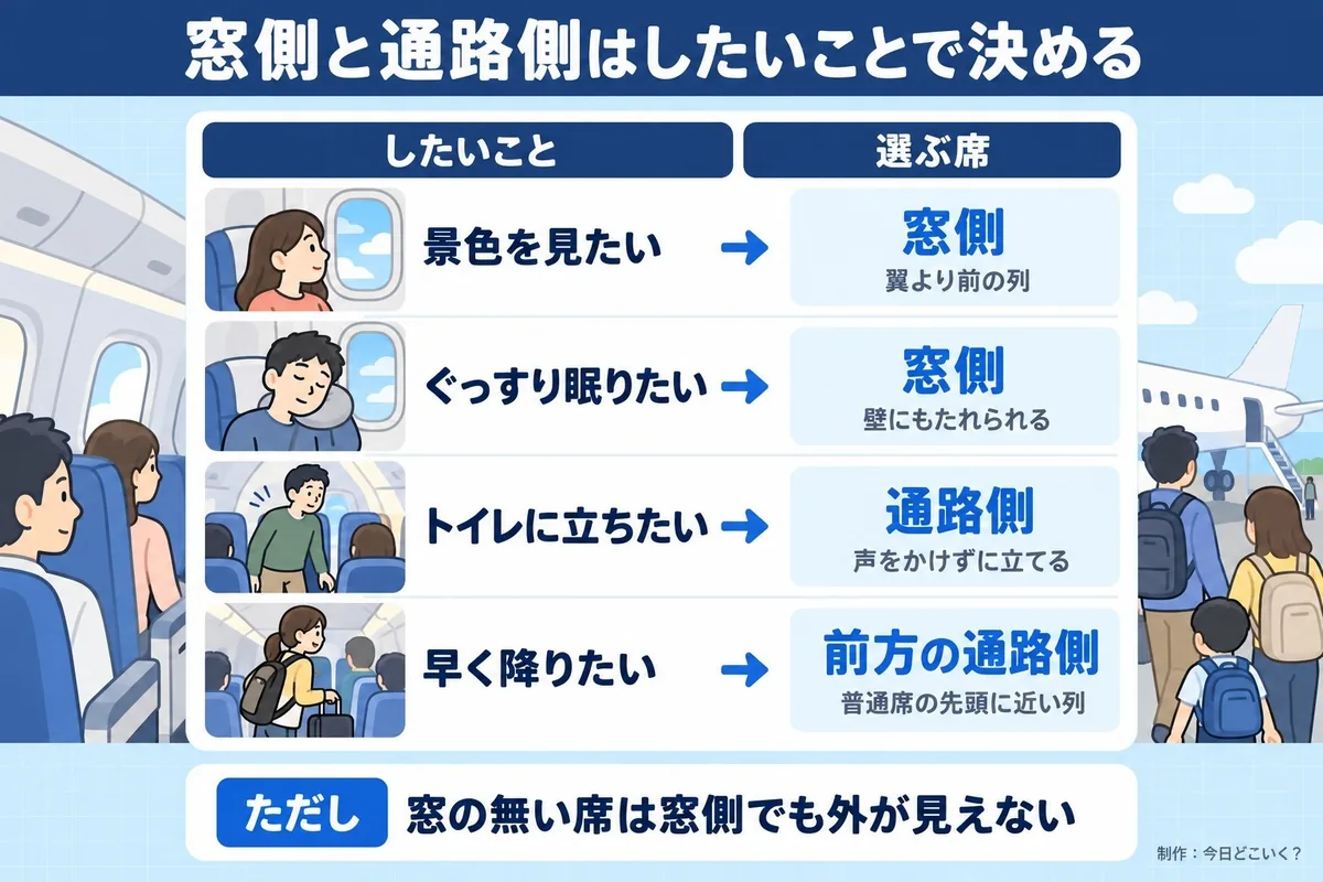 窓側と通路側はしたいことで決める。したいこと。選ぶ席。景色を見たい。窓側。翼より前の列。ぐっすり眠りたい。窓側。壁にもたれられる。トイレに立ちたい。通路側。声をかけずに立てる。早く降りたい。前方の通路側。普通席の先頭に近い列。ただし 窓の無い席は窓側でも外が見えない。今日どこいく？が作ったイラスト図解（状況→目安の早見表）