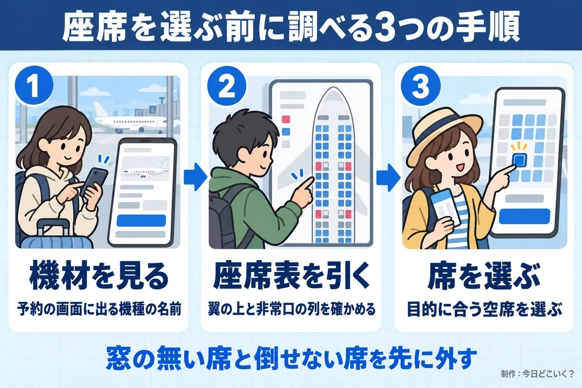 座席を選ぶ前に調べる3つの手順。機材を見る。予約の画面に出る機種の名前。座席表を引く。翼の上と非常口の列を確かめる。席を選ぶ。目的に合う空席を選ぶ。窓の無い席と倒せない席を先に外す。今日どこいく？が作ったイラスト図解（横並びの手順コマ）