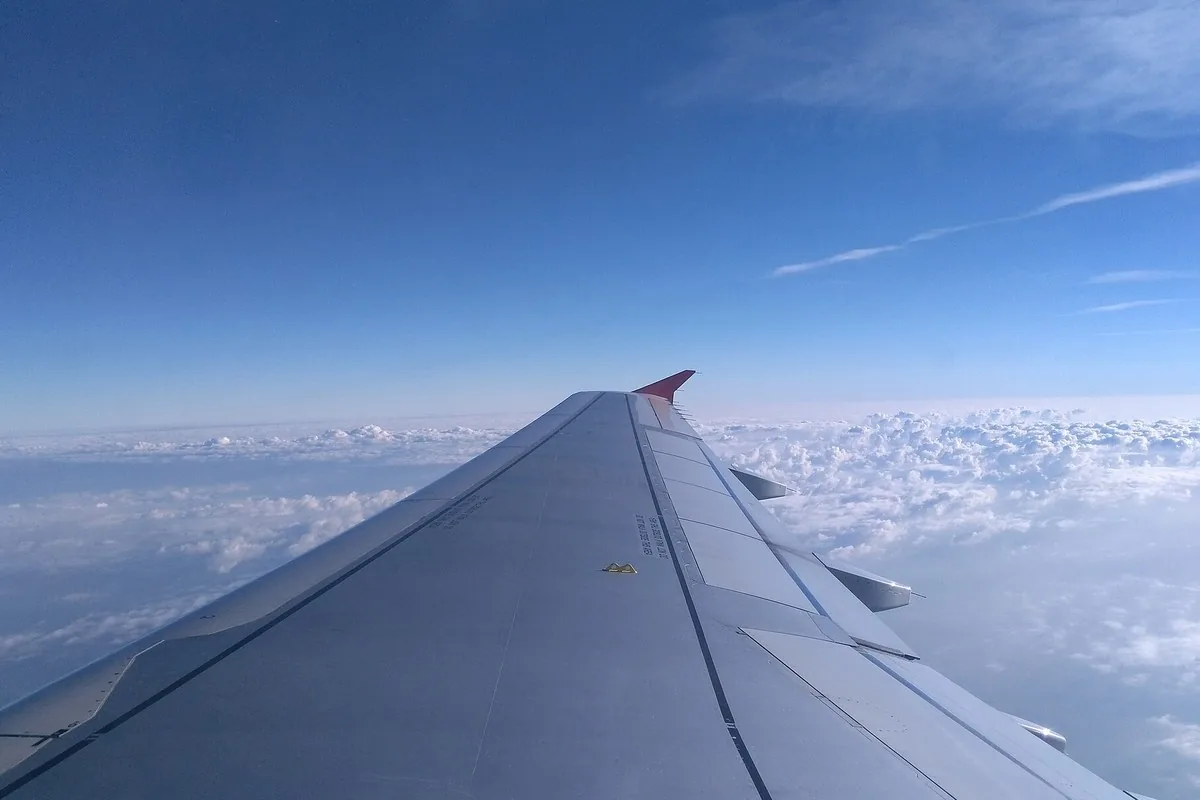 飛行機の窓から見た主翼と雲海の写真。窓側の席でも翼の上の列では下の景色の多くが主翼で隠れる