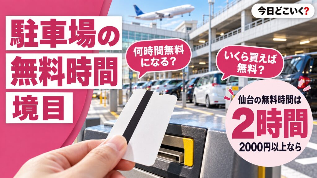 空港のショッピングモール駐車場は何時間無料？7空港で違う境目　図の中の文字: 仙台の無料時間は、2時間、2000円以上なら、何時間無料になる？、いくら買えば無料？