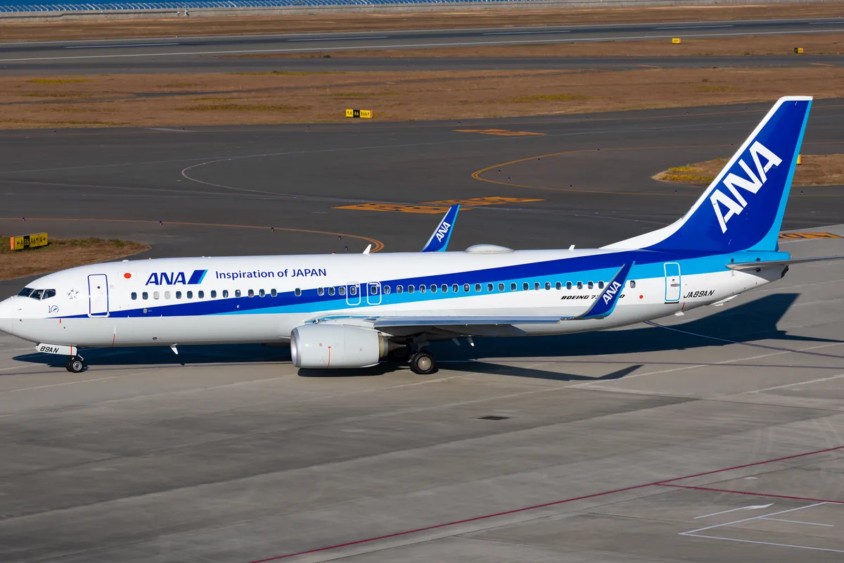 ANAのボーイング737-800型機が空港の駐機場で駐機している様子の写真