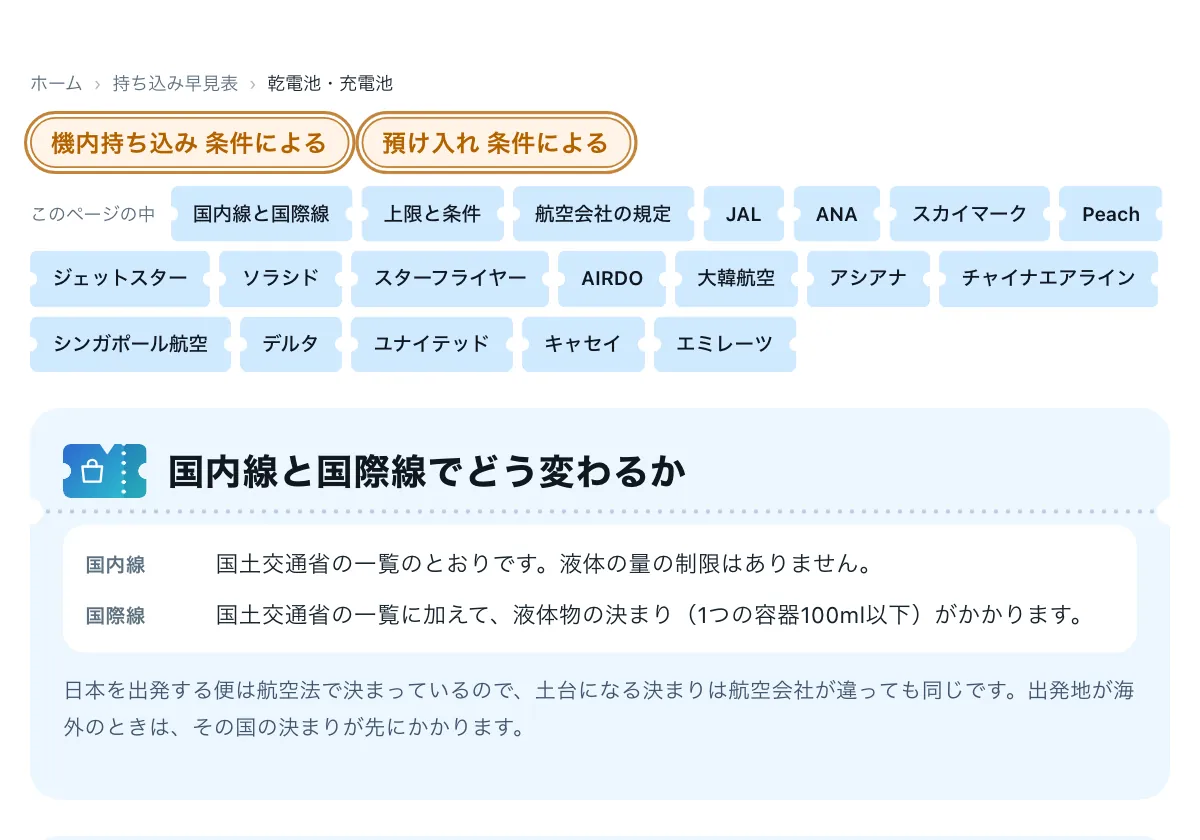今日どこいく？の「乾電池は飛行機に持ち込める？リチウム電池2gが分かれ目」の画面。乾電池・充電池の機内持ち込みルールのページ