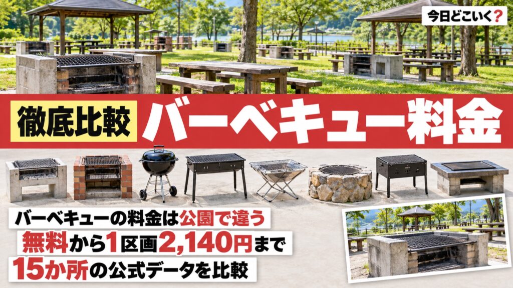 バーベキューの料金は公園なら無料から2,140円、15か所を比較　図の中の文字: バーベキューの料金は公園で違う、無料から1区画2,140円まで、15か所の公式データを比較