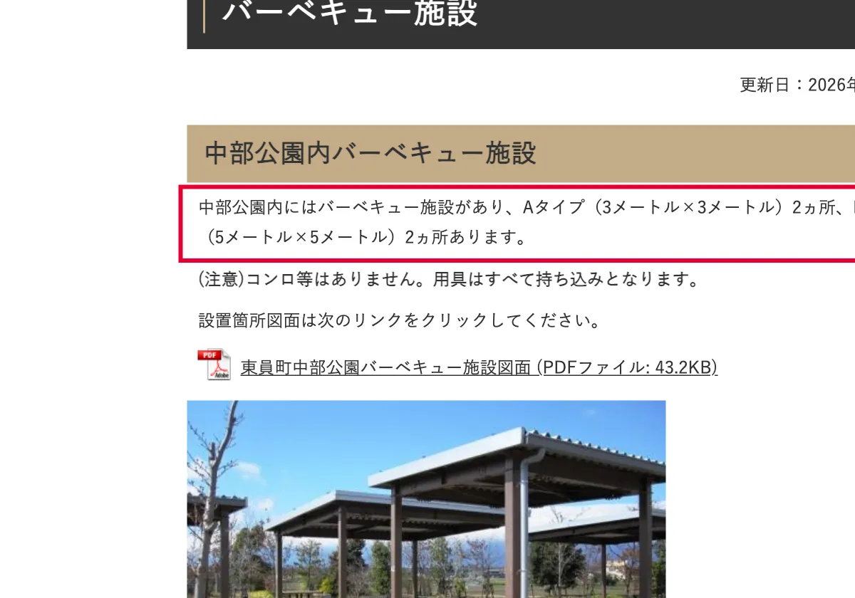東員町 中部公園のバーベキュー施設案内の画面。赤い枠の中は「中部公園内にはバーベキュー施設があり、Aタイプ（3メートル×3メートル）2ヵ所、Bタイプ（5メートル×5メートル）2ヵ所あります。」