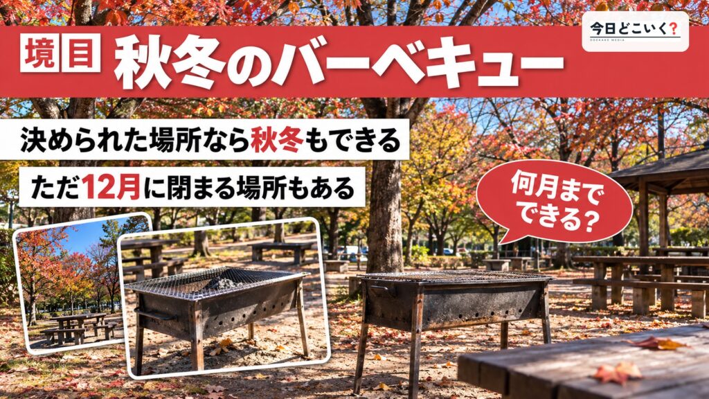 バーベキューは何月までできる？12月も開く公園と河川敷の決まり　図の中の文字: 秋冬のバーベキュー、決められた場所なら秋冬もできる、ただ12月に閉まる場所もある、何月までできる？