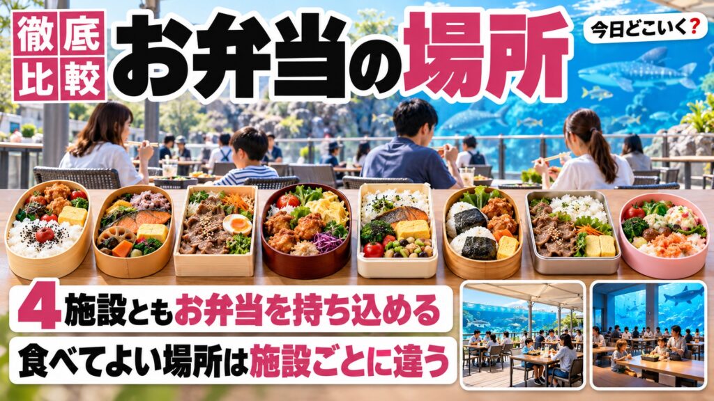 お弁当の持ち込みは水族館と動物園で食べる場所が違う？4施設を比べた　図の中の文字: 4施設ともお弁当を持ち込める、食べてよい場所は施設ごとに違う