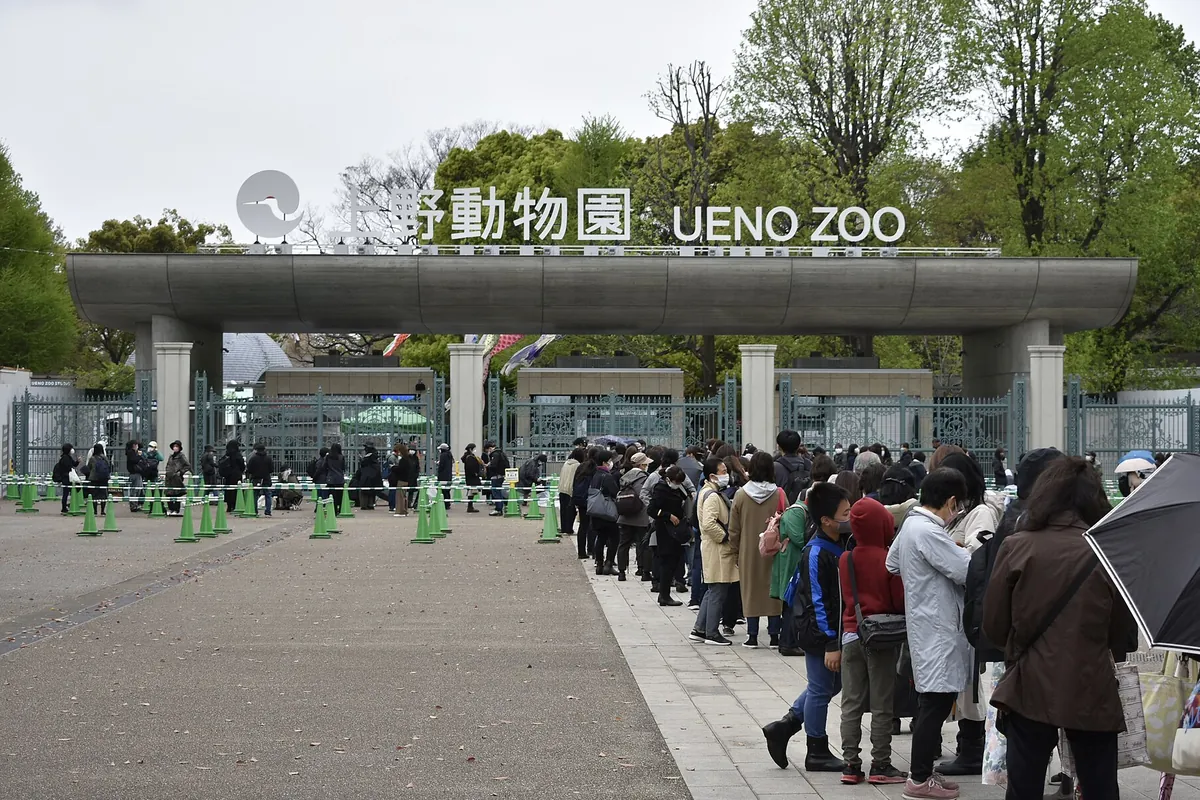 「上野動物園 UENO ZOO」と書かれた看板のある正門前で、来園者が列をつくって並んでいる様子の写真