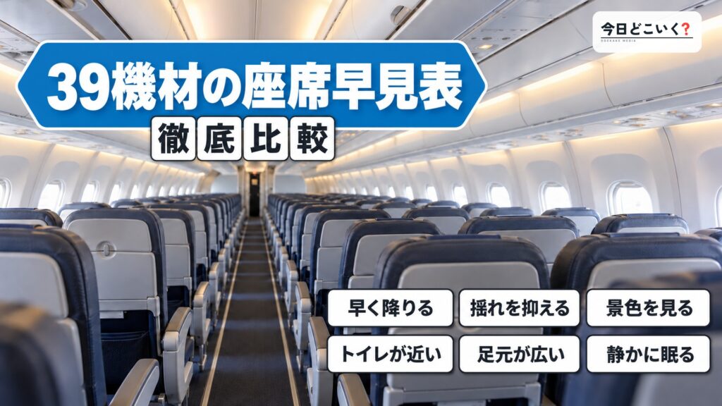人のいない旅客機の客室の写真に、大きく「39機材の座席早見表」と「徹底比較」、目的の札6つ（早く降りる・揺れを抑える・景色を見る・トイレが近い・足元が広い・静かに眠る）を載せたアイキャッチ