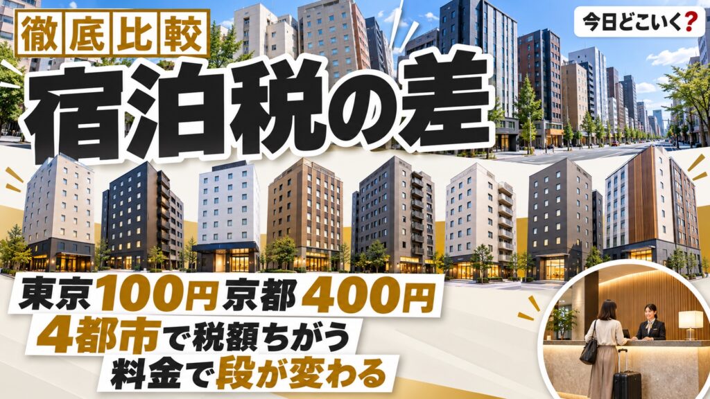 ビジネスホテルの宿泊税は1泊1万円で東京100円と京都400円　図の中の文字: 東京100円京都400円、4都市で税額ちがう、料金で段が変わる
