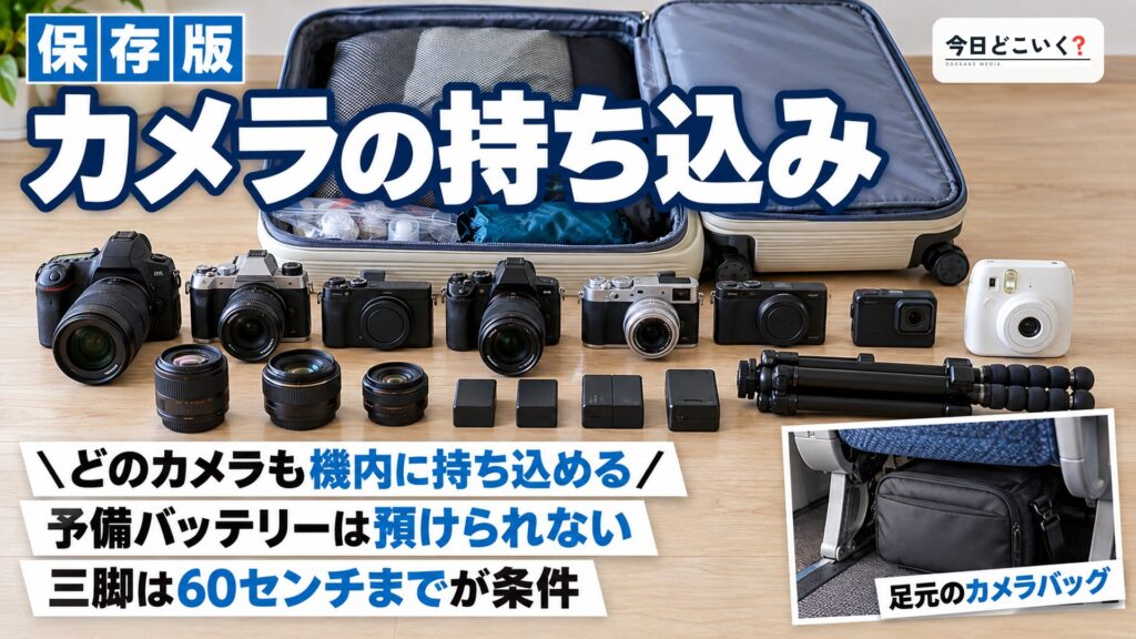 飛行機の中にカメラは持ち込みできる？持ち込みの注意点とポイント　図の中の文字: カメラの持ち込み、＼どのカメラも機内に持ち込める／、予備バッテリーは預けられない、三脚は60センチまでが条件