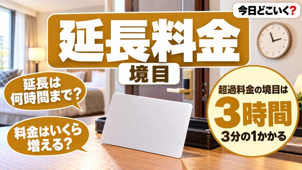 チェックアウトに遅れたら料金はいくら?延長は3時間と6時間で上がる 図の中の文字: 超過料金の境目は、3時間、3分の1かかる、延長は何時間まで?、料金はいくら増える?