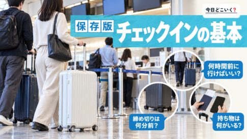 空港でのチェックインで注意すべきポイントとは？基礎からおさらい！　図の中の文字: チェックインの基本、何時間前に行けばいい？、締め切りは何分前？、持ち物は何がいる？