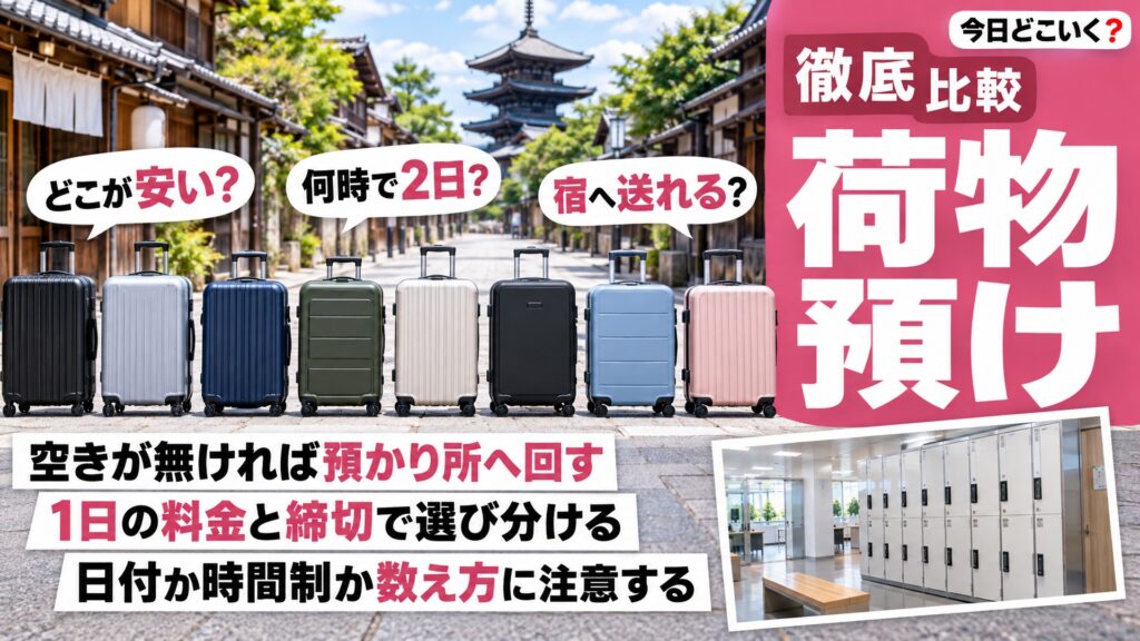 コインロッカーが空いてない時の預け先は？空港と駅5か所の料金比較　図の中の文字: 空きが無ければ預かり所へ回す、1日の料金と締切で選び分ける、日付か時間制か数え方に注意する、どこが安い？、何時で2日？、宿へ送れる？