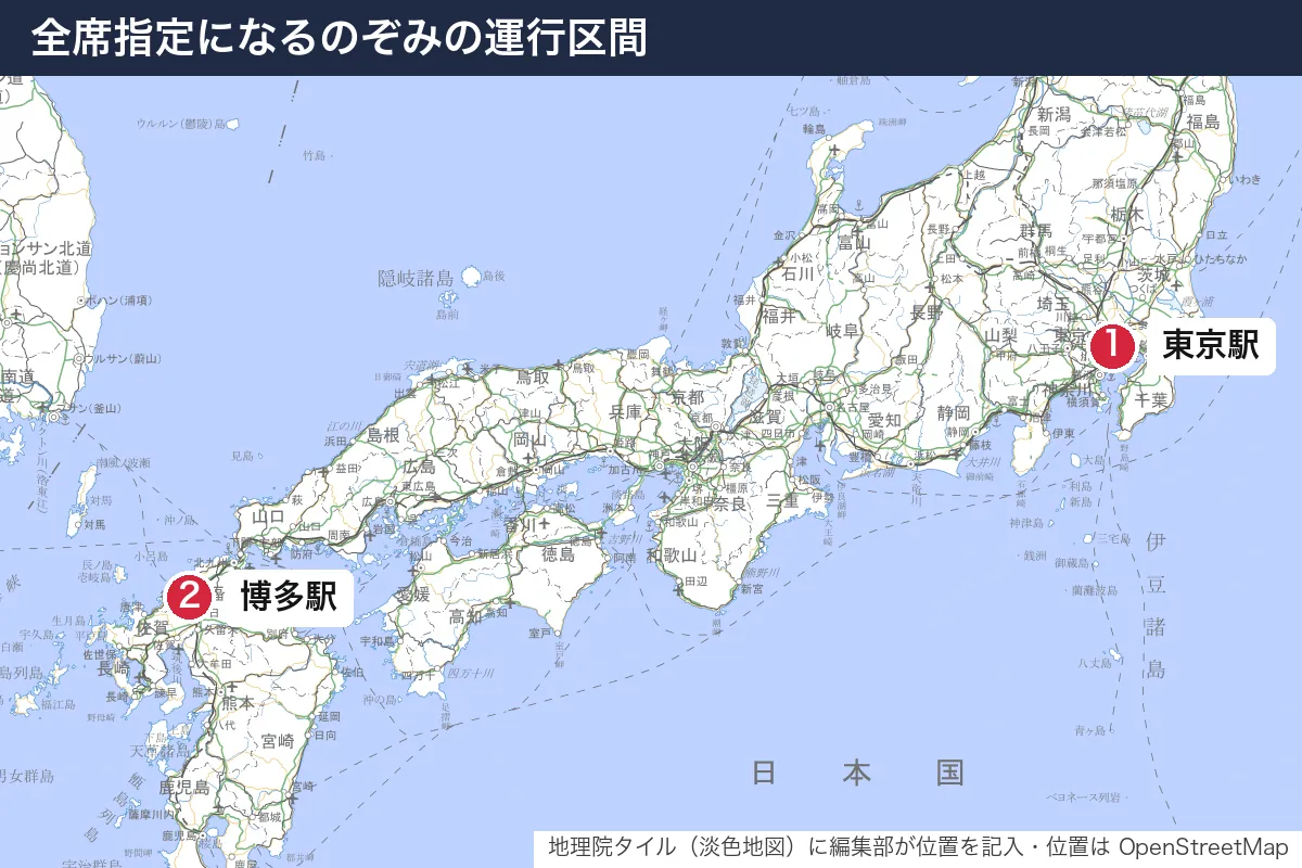 全席指定になるのぞみの運行区間。地図に番号で示した場所は 1. 東京駅、2. 博多駅
