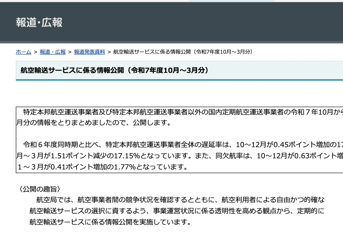 国土交通省の航空輸送サービス欠航率公表資料（令和7年度10月〜3月分）の画面