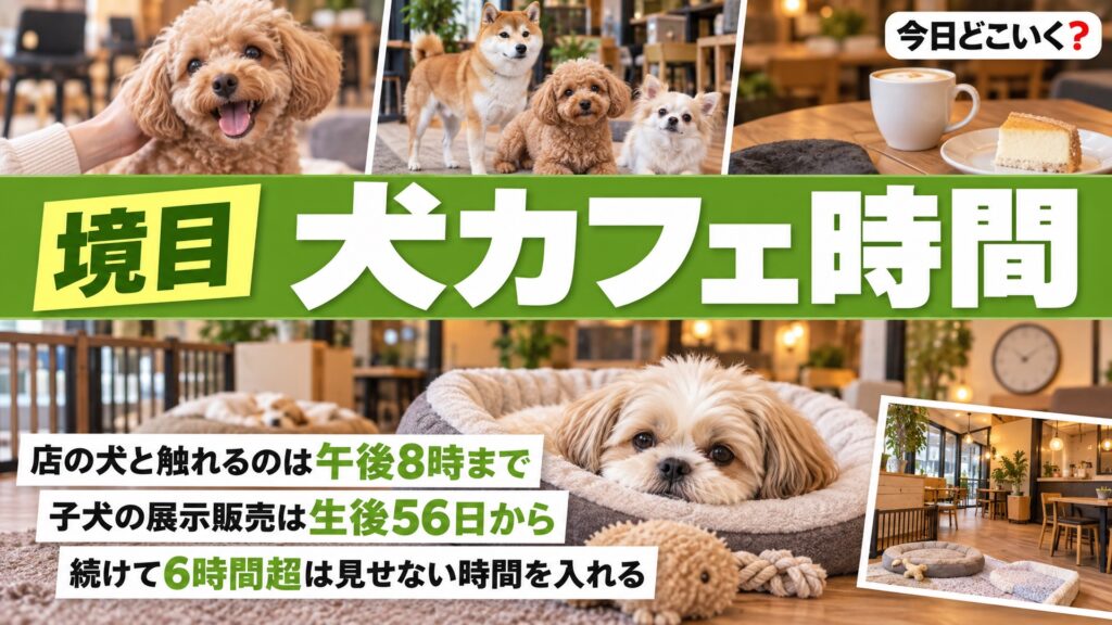 犬カフェは夜8時まで？生後56日の境目とドッグカフェとの違い　図の中の文字: 店の犬と触れるのは午後8時まで、子犬の展示販売は生後56日から、続けて6時間超は見せない時間を入れる