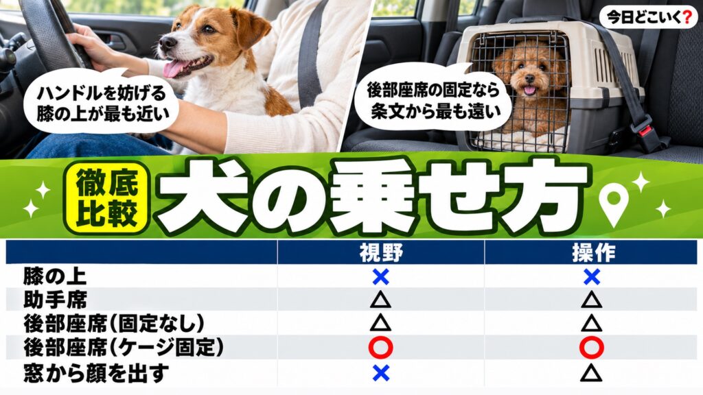 犬を車に乗せるのは違反？膝の上や助手席など5通りの乗せ方と道交法　図の中の文字: ハンドルを妨げる、膝の上が最も近い、後部座席の固定なら、条文から最も遠い、膝の上、助手席