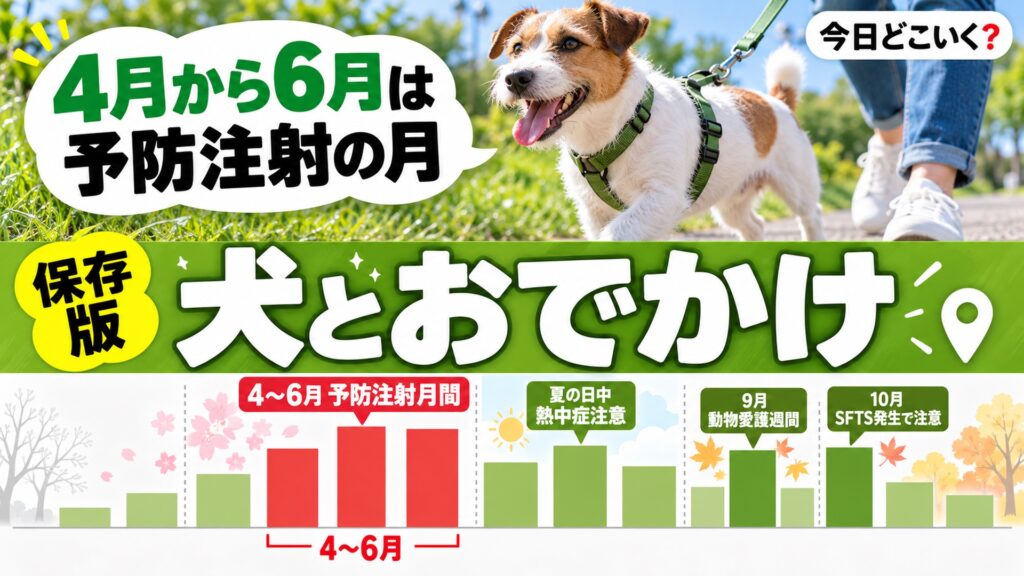 犬とおでかけは何月に注意？暑さとマダニと注射の時期を公式10ページで　図の中の文字: 4月から6月は、予防注射の月、4〜6月 予防注射月間、夏の日中 熱中症注意、9月 動物愛護週間、10月 SFTS発生で注意