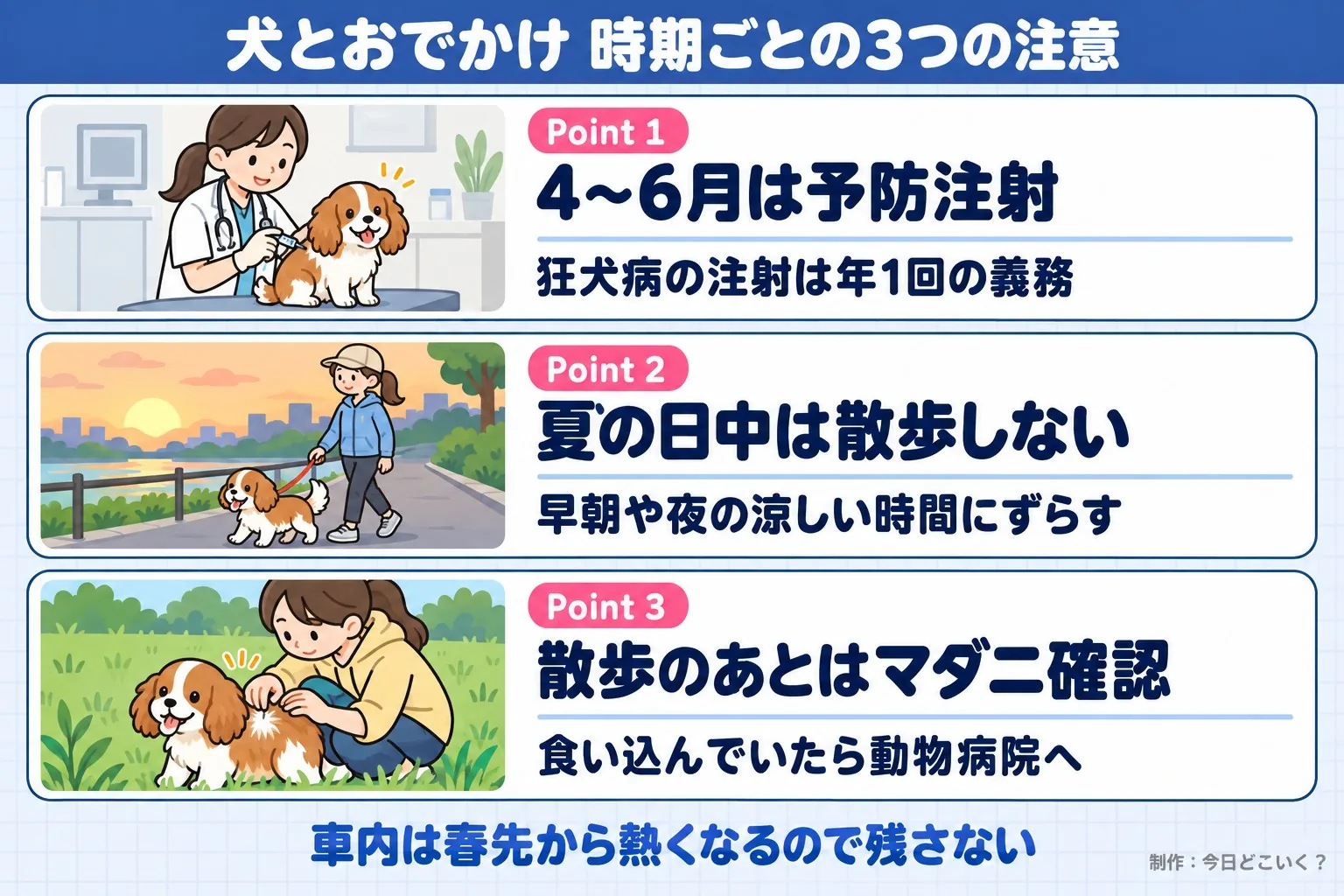 犬とおでかけ 時期ごとの3つの注意。Point 1。4〜6月は予防注射。狂犬病の注射は年1回の義務。Point 2。夏の日中は散歩しない。早朝や夜の涼しい時間にずらす。Point 3。散歩のあとはマダニ確認。食い込んでいたら動物病院へ。車内は春先から熱くなるので残さない。今日どこいく？が作ったイラスト図解（Point①②③の縦積み（各行に絵））