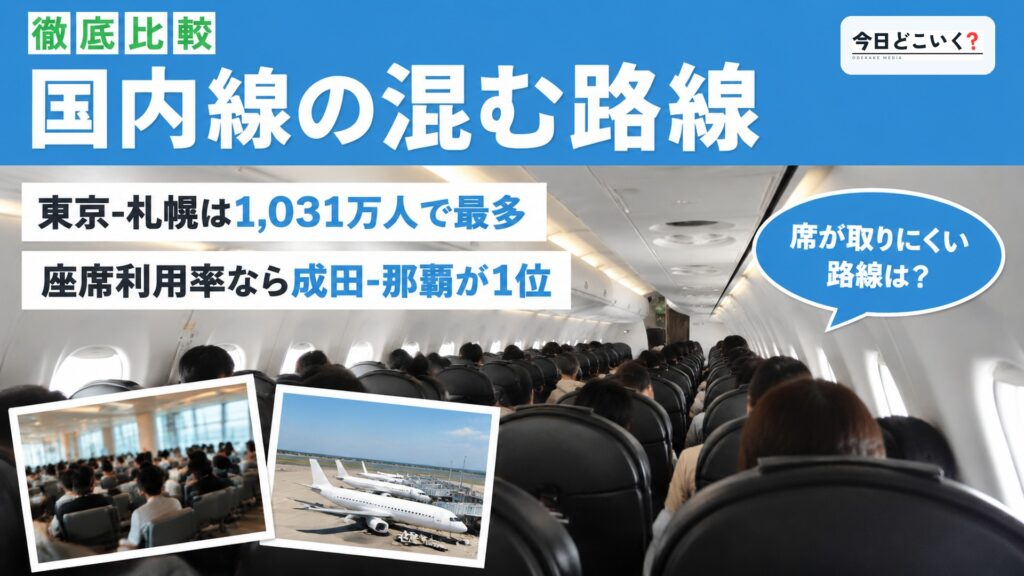 国内線で混んでいる路線はどこ?1位が利用者数と座席利用率で違う 図の中の文字: 国内線の混む路線、東京-札幌は1,031万人で最多、座席利用率なら成田-那覇が1位、席が取りにくい路線は?