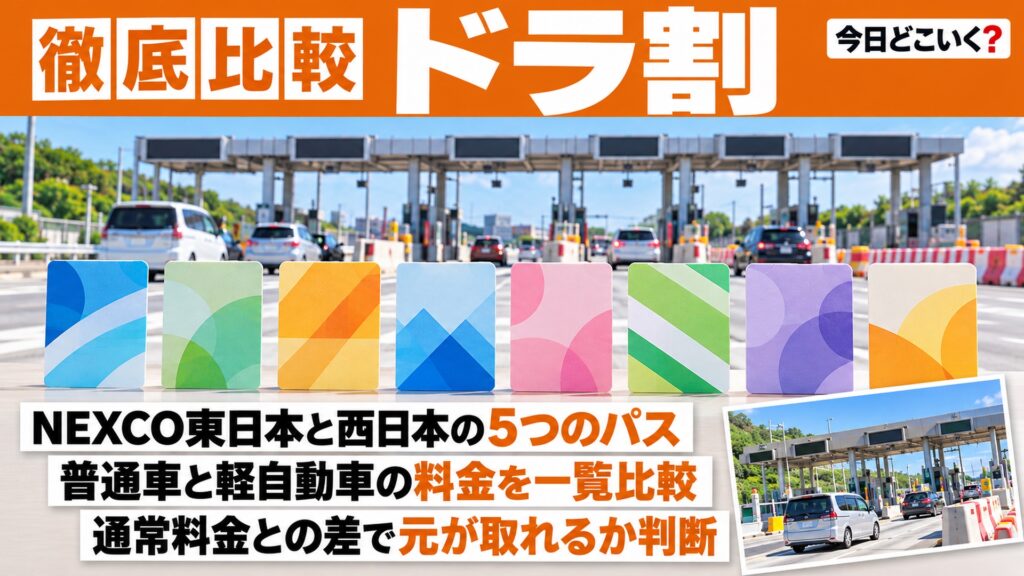 ドラ割は元が取れる？NEXCO3社の乗り放題パスの料金と期間　図の中の文字: NEXCO東日本と西日本の5つのパス、普通車と軽自動車の料金を一覧比較、通常料金との差で元が取れるか判断