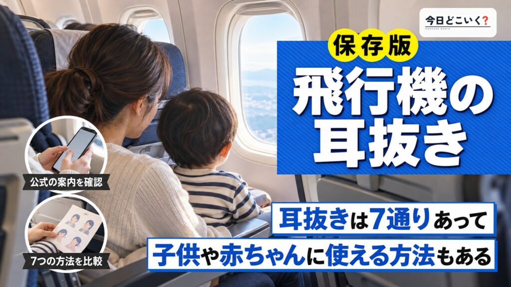 飛行機の耳抜きは7通り!子供にも効く方法と効かないときの対策　図の中の文字: 飛行機の耳抜き、耳抜きは7通りあって、子供や赤ちゃんに使える方法もある