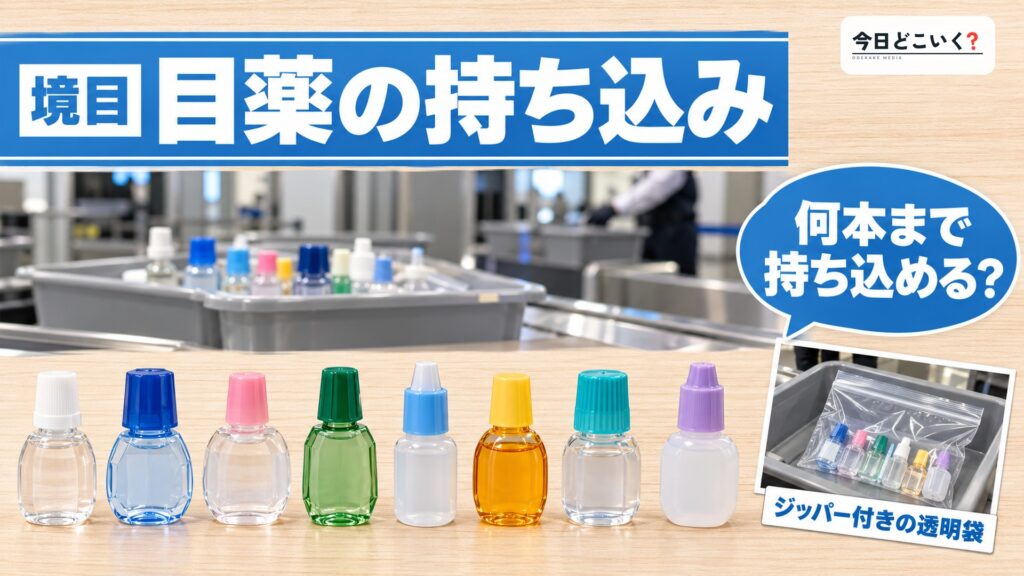 飛行機に目薬は何本まで持ち込める？17社で違う国内線と国際線の境目　図の中の文字: 目薬の持ち込み、何本まで持ち込める？