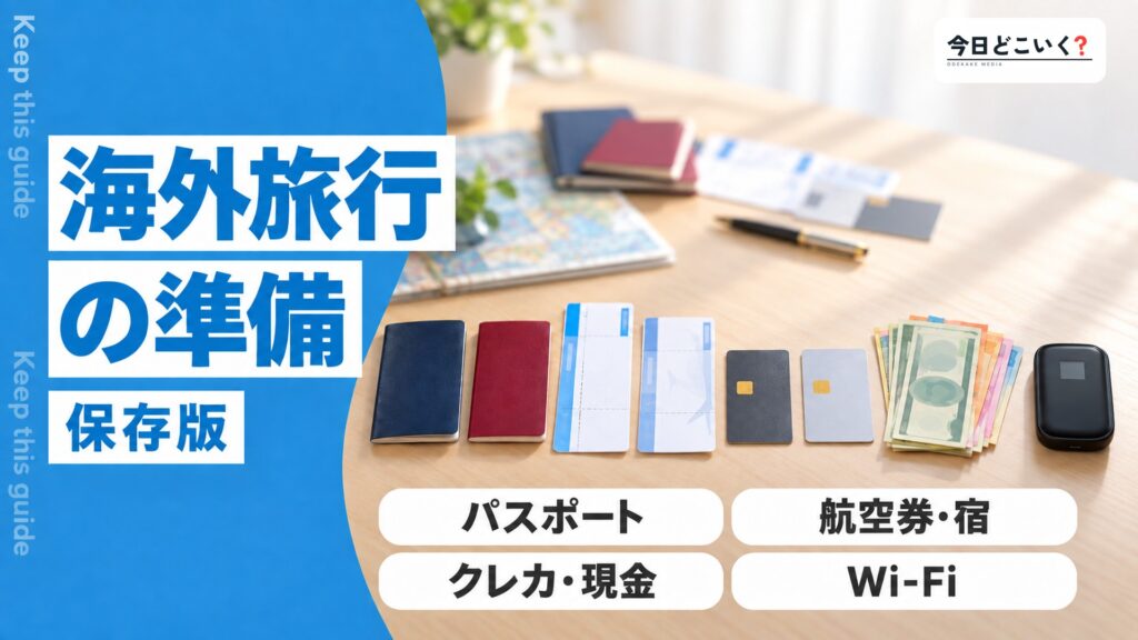 初めての海外旅行で準備すべきものとは？おすすめの国についても解説　図の中の文字: 海外旅行の準備、パスポート、航空券・宿、クレカ・現金、Wi-Fi