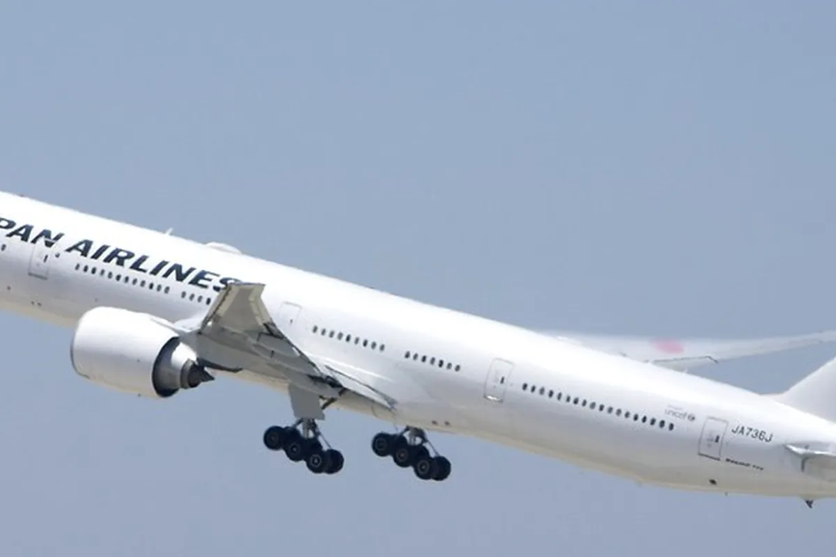 離陸中の「JAPAN AIRLINES」の機体に「JA736J」の登録番号が書かれた旅客機を横から写した写真